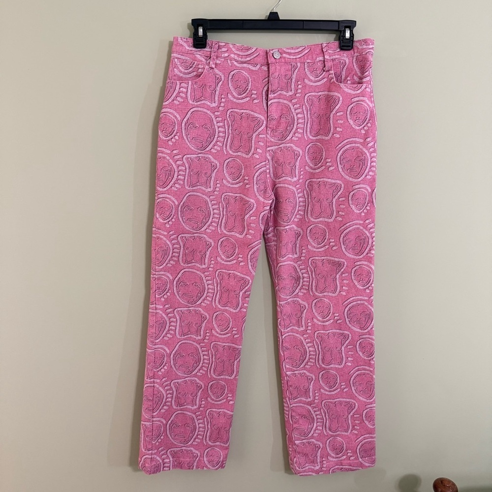 Patrick Church all over you pants pink toast print art  designer Y2K waist 36‎
